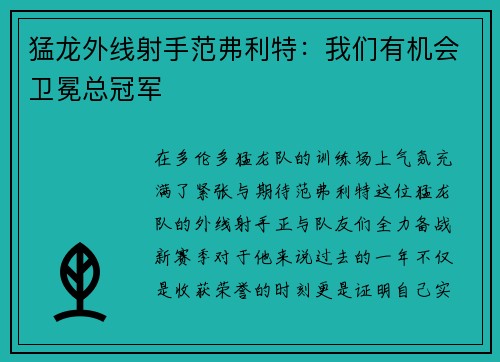 猛龙外线射手范弗利特：我们有机会卫冕总冠军