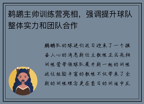 鹈鹕主帅训练营亮相，强调提升球队整体实力和团队合作