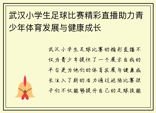 武汉小学生足球比赛精彩直播助力青少年体育发展与健康成长
