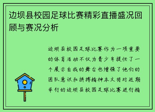 边坝县校园足球比赛精彩直播盛况回顾与赛况分析